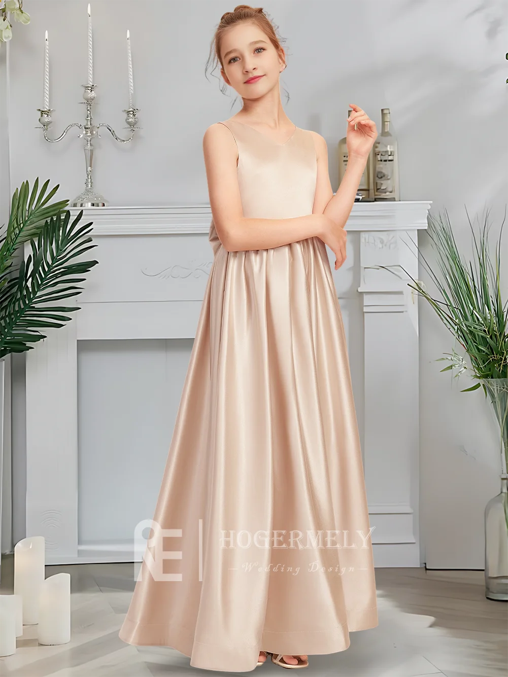 Платье подружки невесты для юниоров с V-образным вырезом, платье с цветочным узором для девочек, атласное платье длиной до пола с элегантным бантом, одежда для особых случаев для девочек