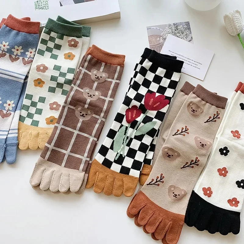 Chaussettes à cinq doigts en pur coton pour femmes, chaussettes imprimées à bout fendu, Vintage, confortables, automne et hiver