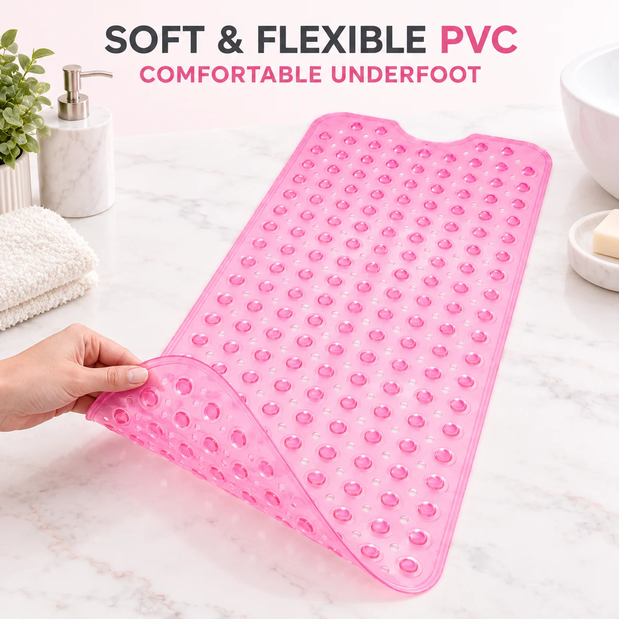 Comfortable Non-Slip Bath Mat with Strong Suction Cups, Raised Massage Bumps, Fast Draining & Mildew-Resistant, Ideal for Family Bathroom Safety