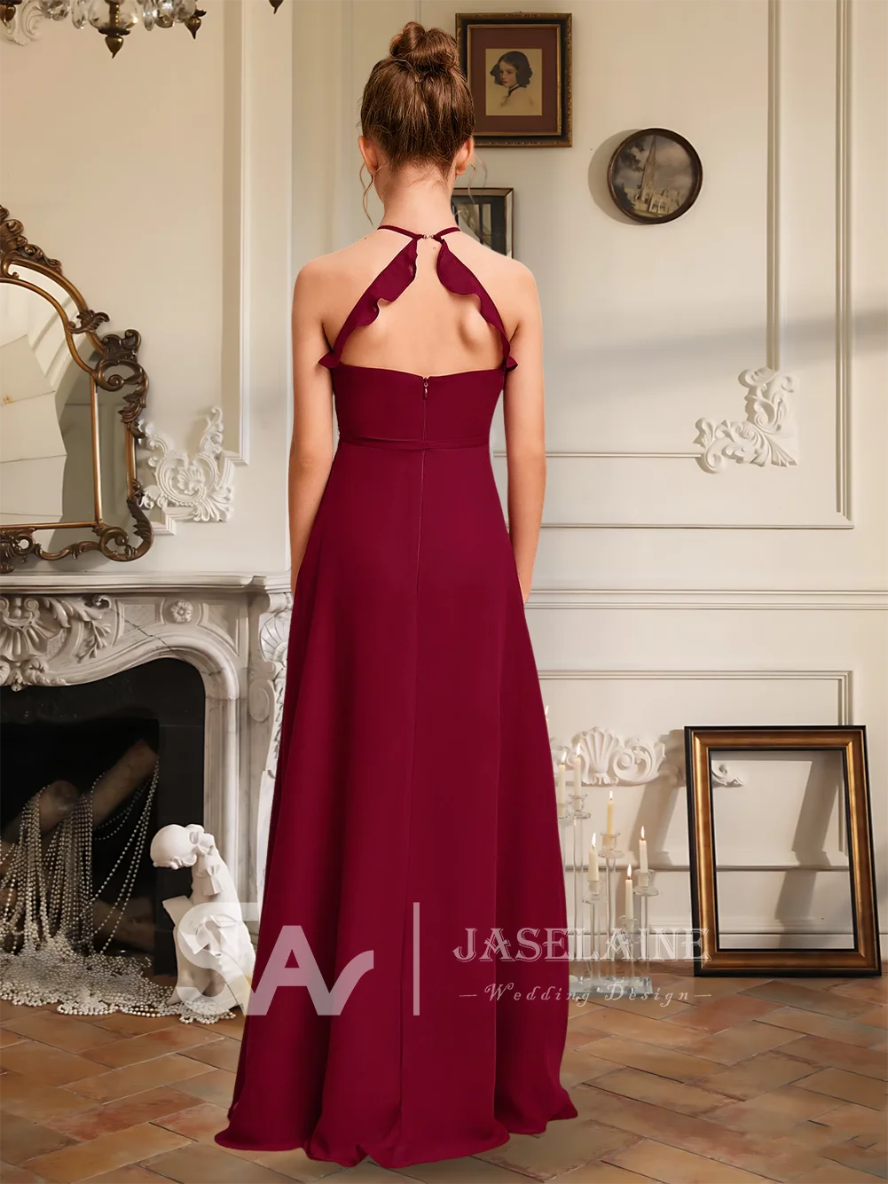 

B Детское шифоновое платье трапециевидной формы с лямкой на шее длиной до пола, платье подружки невесты с рюшами и цветочным узором для девочек, праздничное свадебное платье для девочек