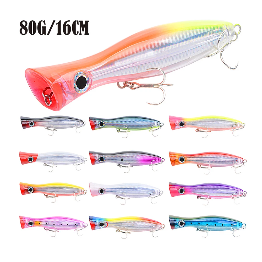 5pcs Top Water Popper Lure 12.5cm 40g/16cm 80g Artificial Seal Lure 3D Eyes Hard Popper with Hooks Ring for Saltwater Offshore