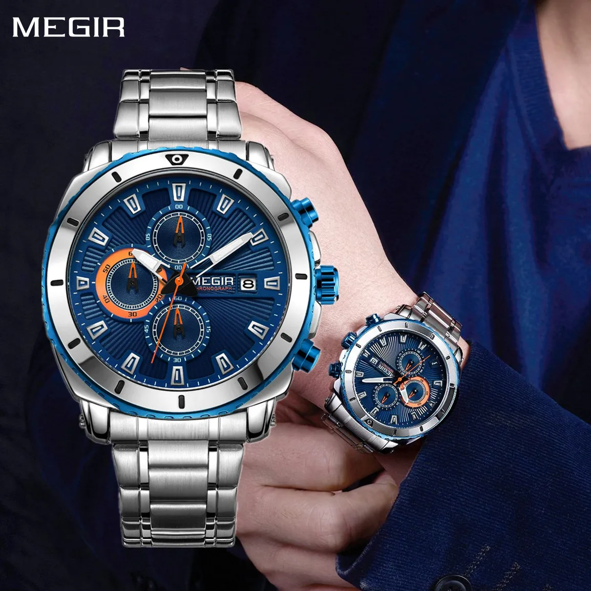 MEGIR Chronograph Quartz Men Watch Luxury Brand Stainless Steel Business Wristwatch Male Clock Hour Time Relogio Masculino 2075