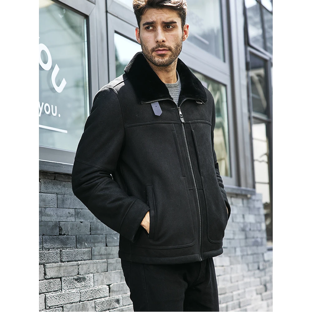 Denny&Dora Men’s Shearling Jacket – Black Short Leather Coat, Winter Sheepskin Fur Lining​