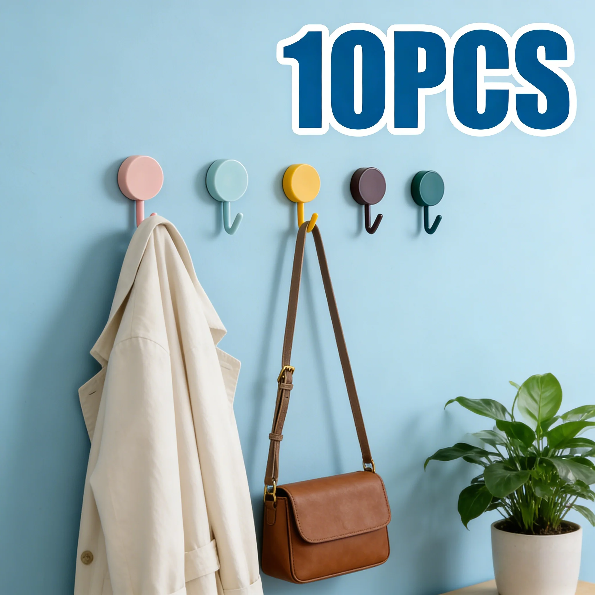 

10pcs a ten-pack of mini adhesive hooks in mixed colors. versatile, space-saving hangers for home and office organization.