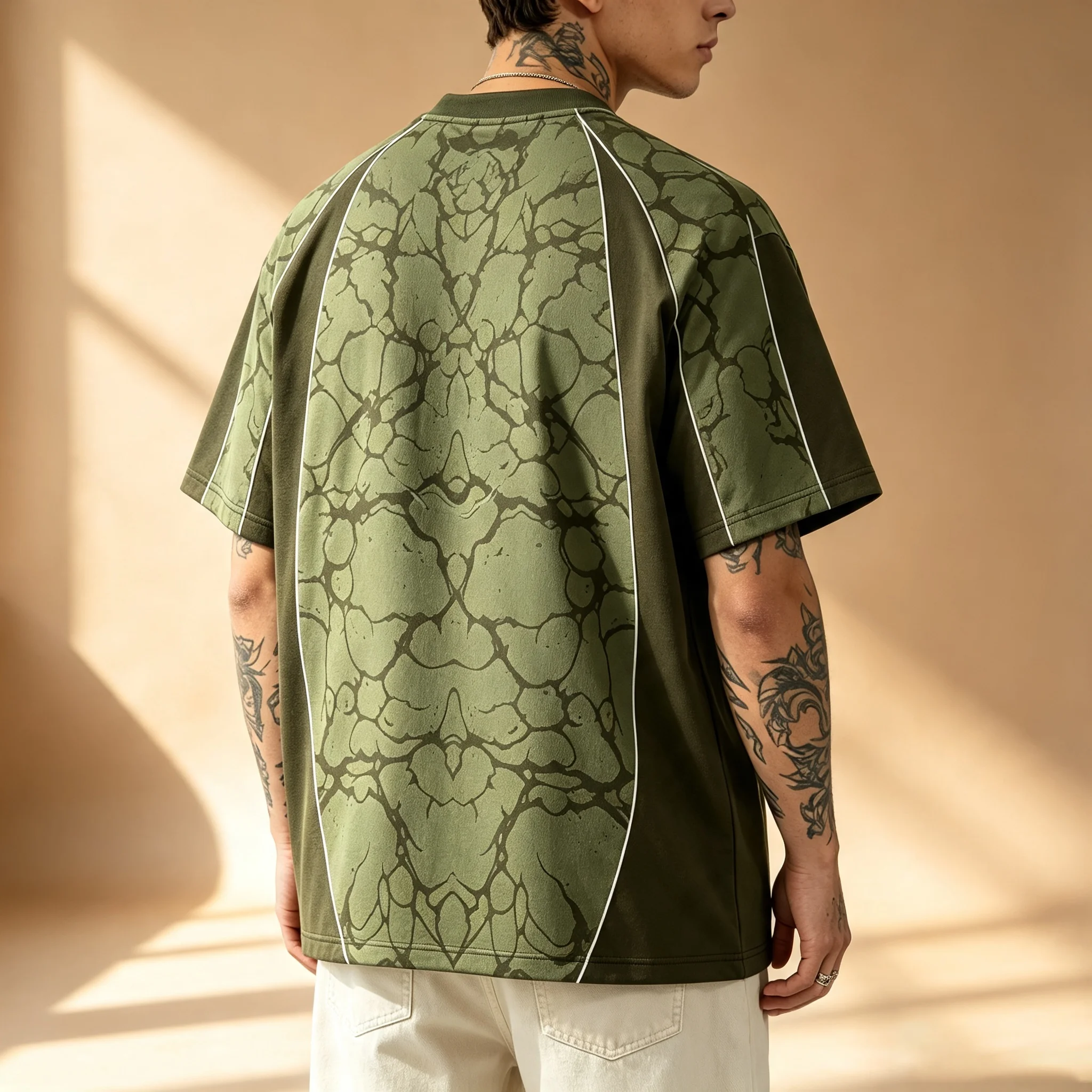 Men Crack Marble Print Color Block T-shirt Crew Neck Short Sleeve Loose Streetwear Casual Tee With Chest Badge