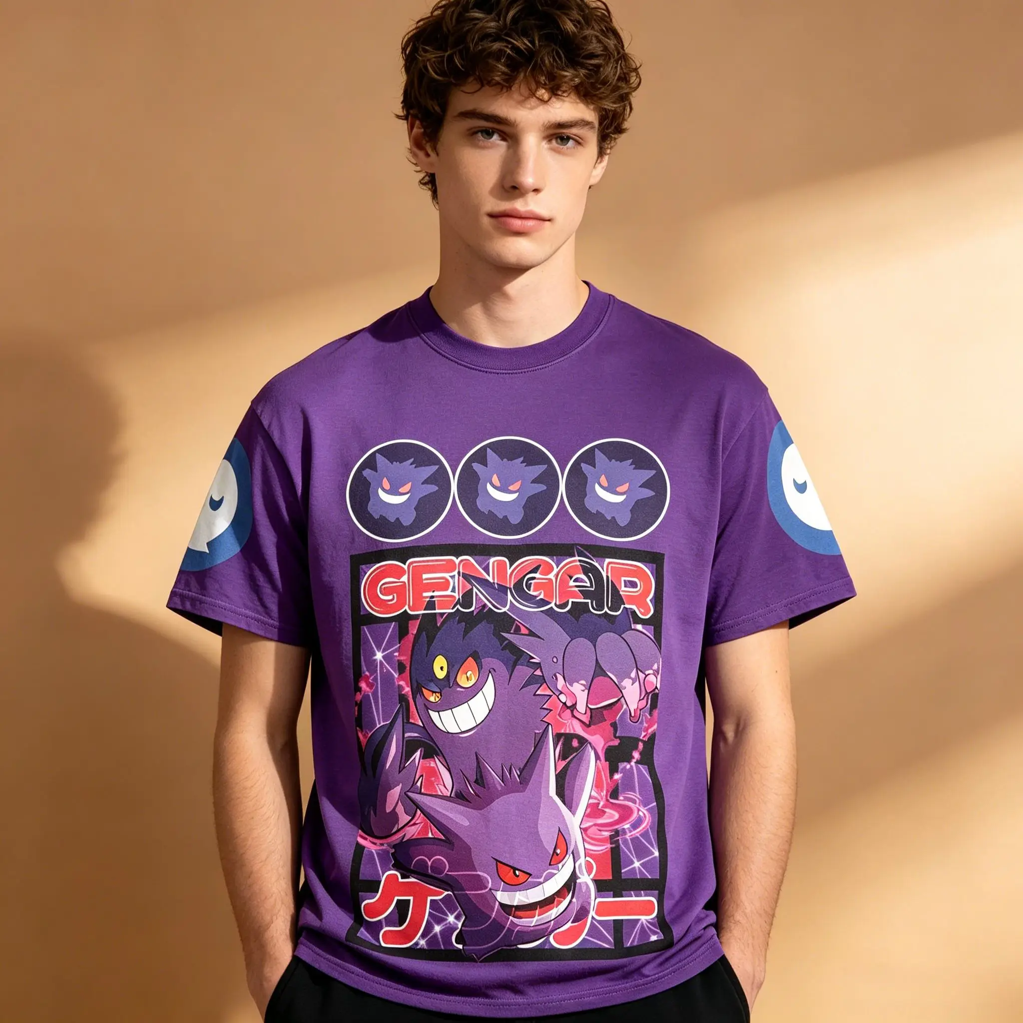 Men's Purple Pokemon Gengar Anime Name Japanese Text Sleeve Print Crew Neck T-Shirt, Retro Otaku Streetwear Short Sleeve Graphic