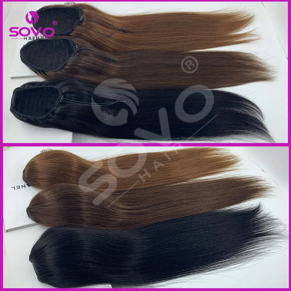 Straight Drawstring Ponytail Extensions 100% Real Brazilian Remy Human Hair Clip In Ponytail for Women Natural Color