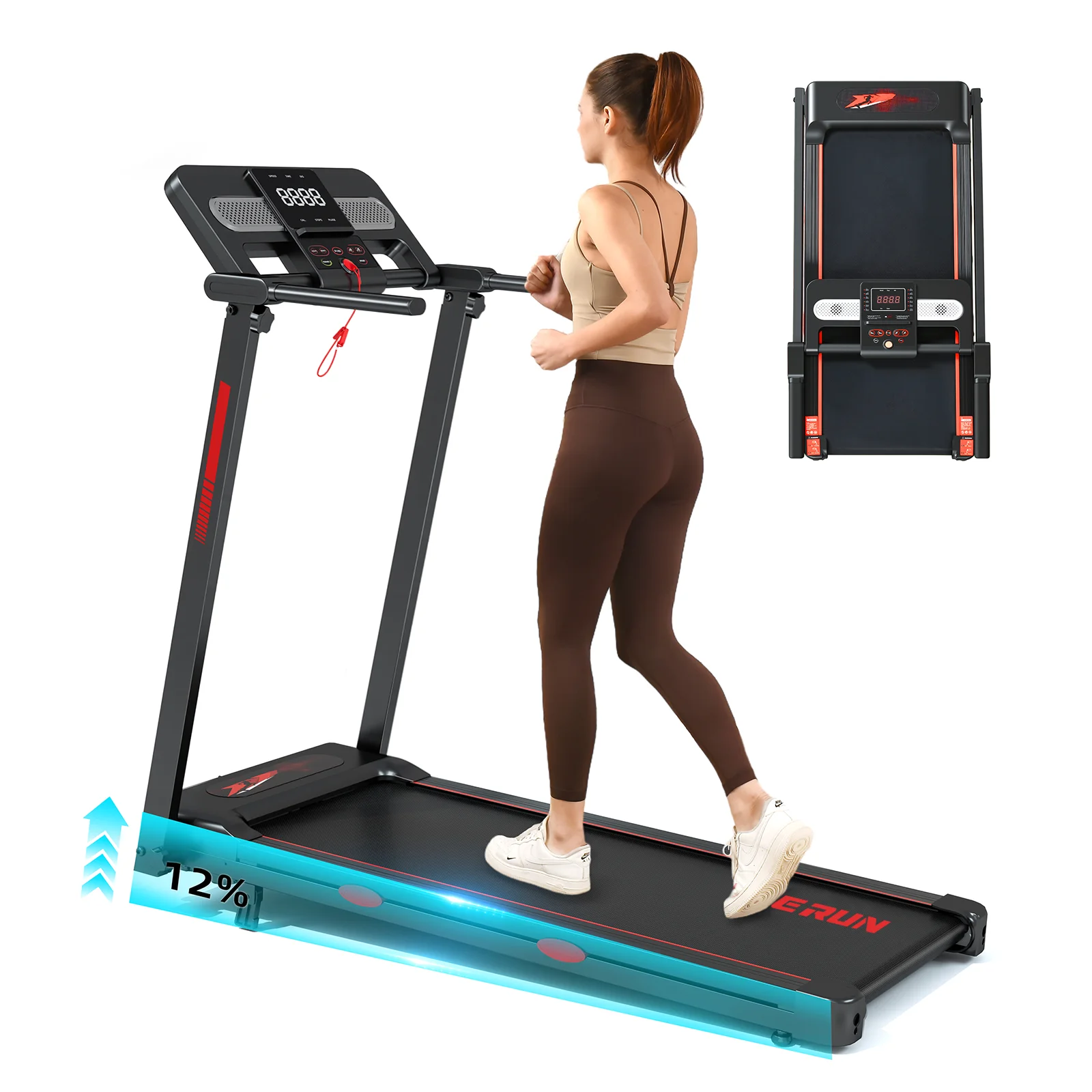 Loopband voor thuis, opvouwbaar, stil ontwerp met een krachtige 3.0 pk borstelloze motor, snelheidsregeling van 1-14 km/u, 12 vooraf ingestelde programma's, LED-smartdisplay, max. belasting 150 kg,