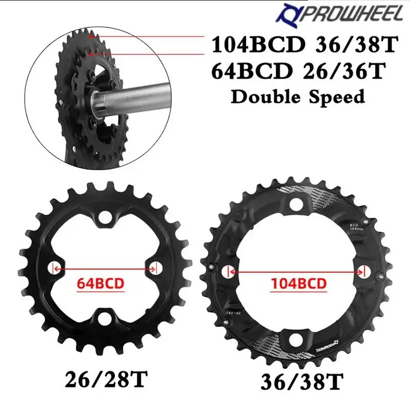 PROWHEEL MTB 64/104BCD Double Chainring 2*10/11 Speed Bicycle Chain Ring 26T 28T 36T 38T Mountain Bike Chainwheel  Mtb Crankset