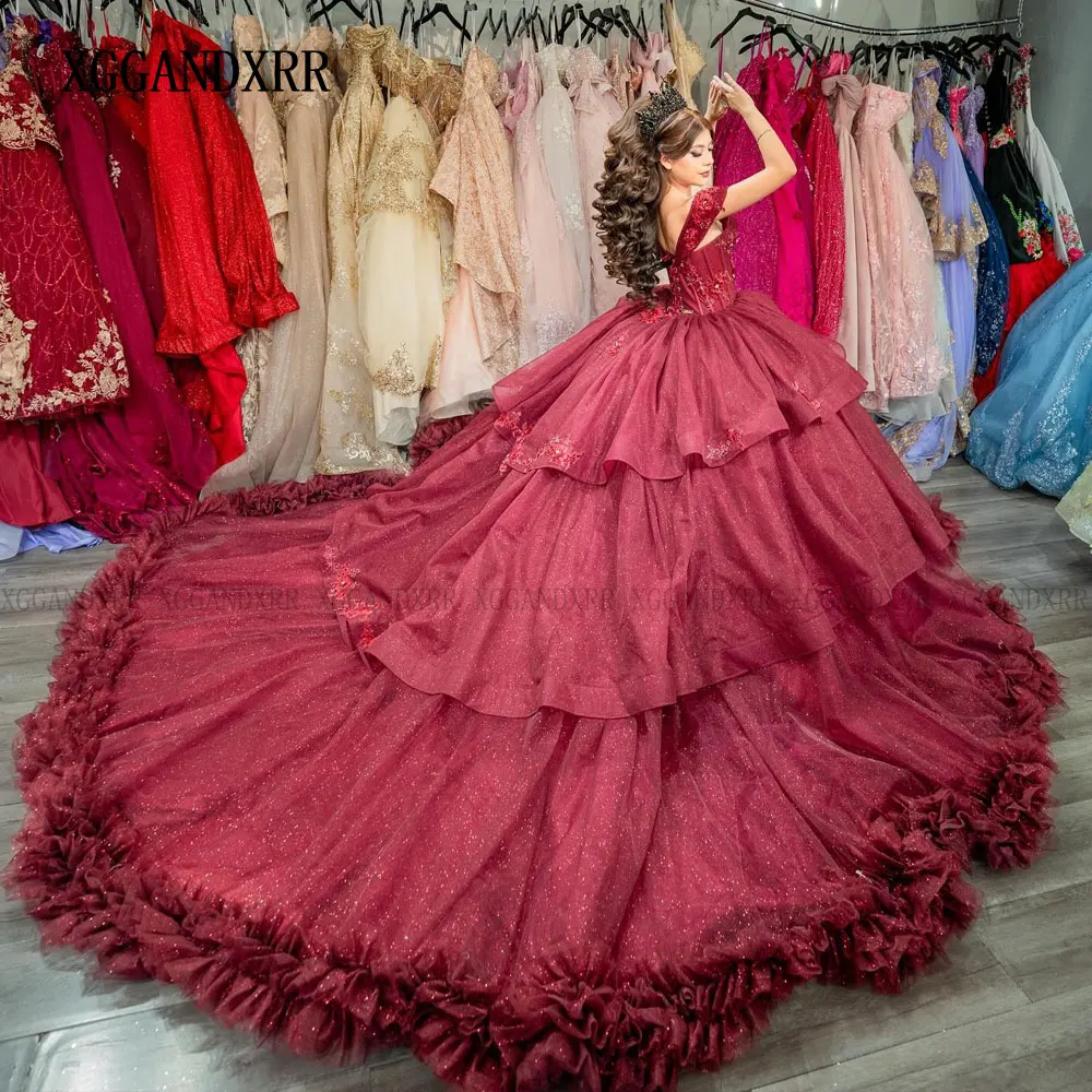 Customized Burgundy Princess Ball Gown Quinceanera Dress Layers Long Train Mexico Vestidos De XV Años 3D Floral Sweet 16 Dress