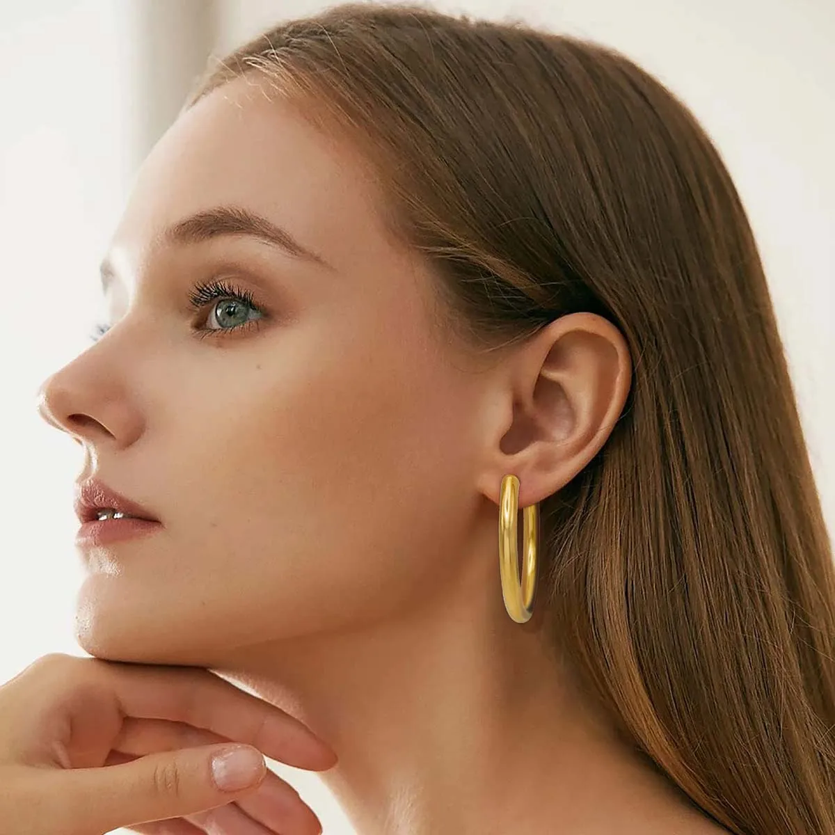 Gold Earrings For Women 4mm Thick Chunky Hoop Earrings 18K Gold Plated Lightweight Chunky Open Round Shape Earrings Gift