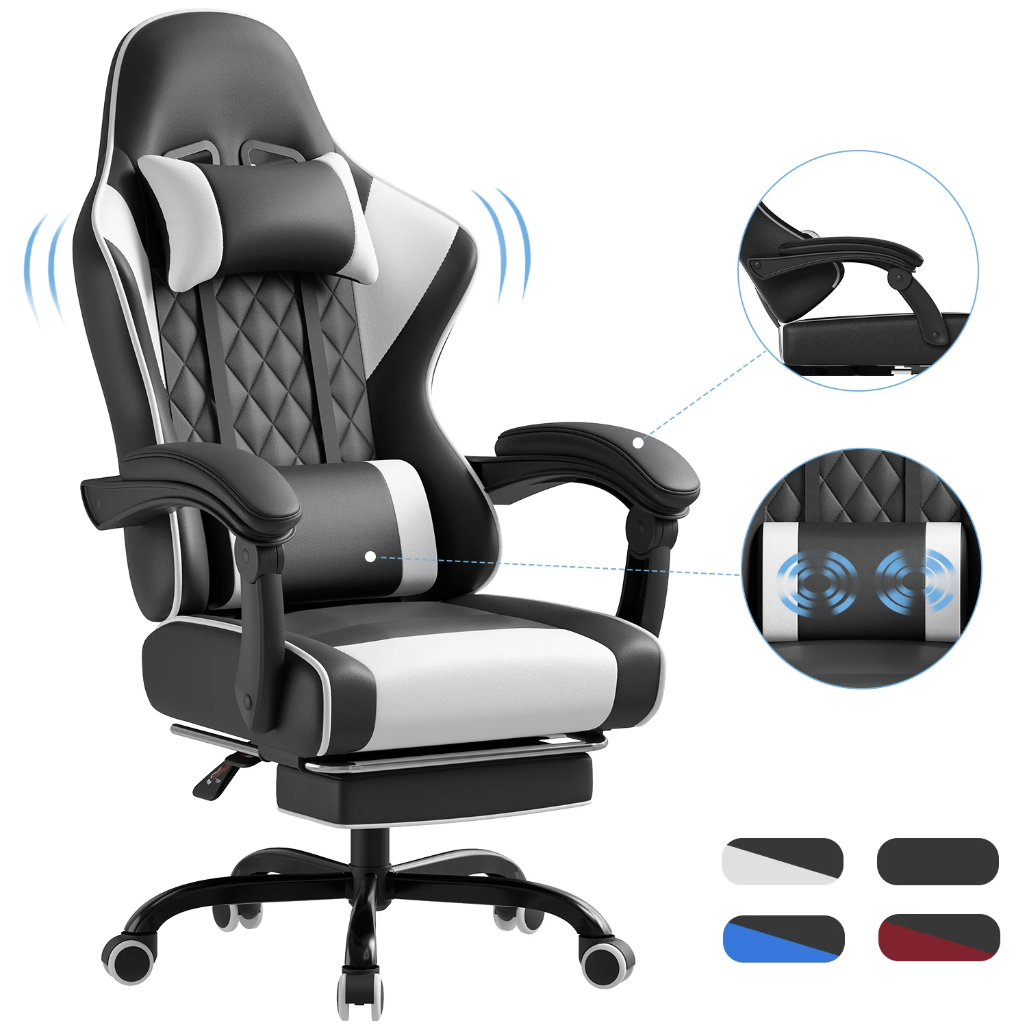 HOMALL Chaise de jeu massante réglable en hauteur, design ergonomique avec support lombaire, appui-tête, chaise pivotante