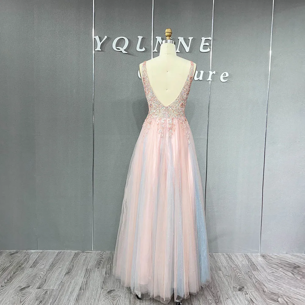 Simple Pink Crystals Beaded Long Prom Dresses V Neck Tulle Backless Formal Evening Party Gown Robe De Soiree