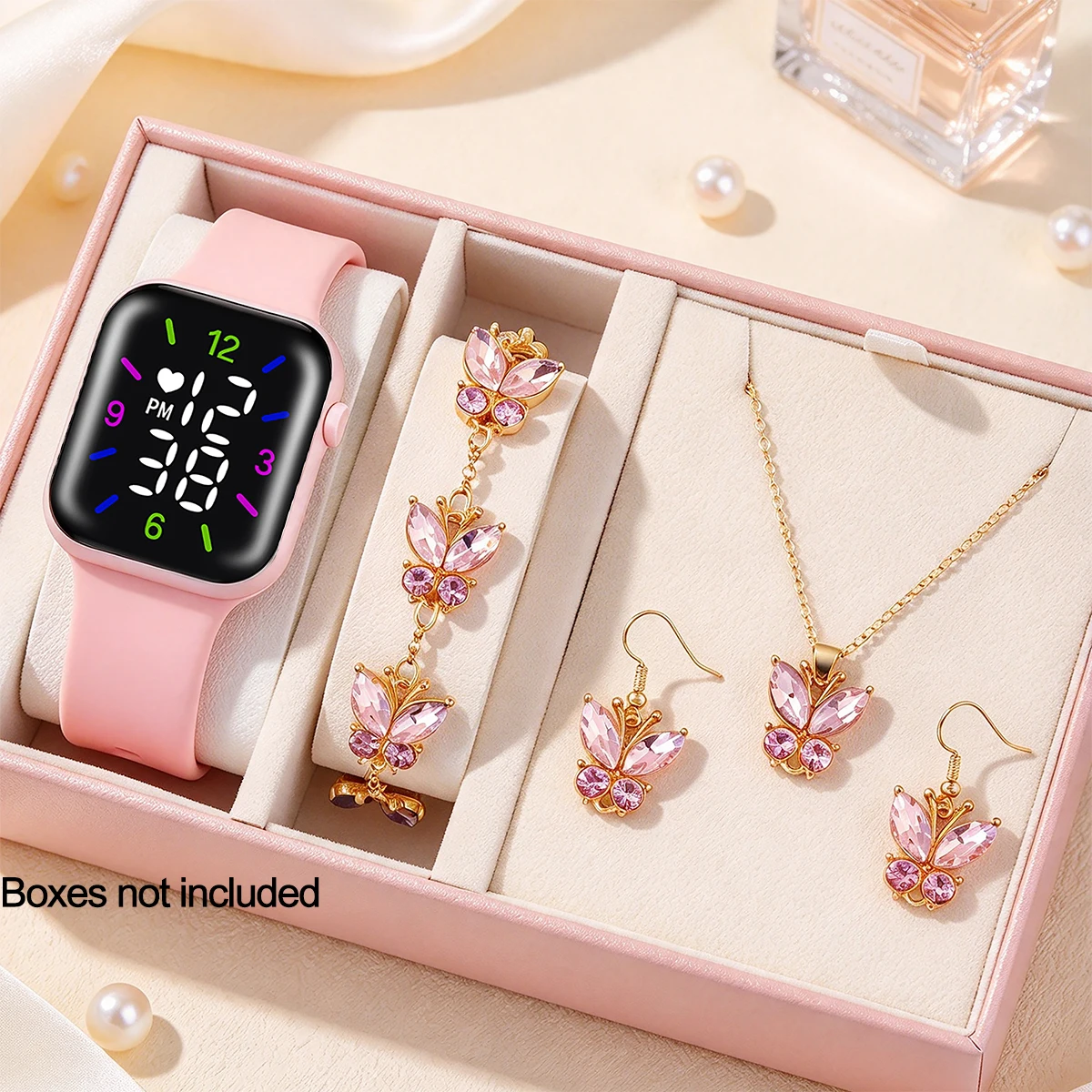Cartoon Romantic Pink Electronic Watch for Girls with Rhinestone Butterfly Decoration (5-Piece Set) Suitable for Daily Wear, Birthday Gifts, New Year, Christmas, and Other Holidays