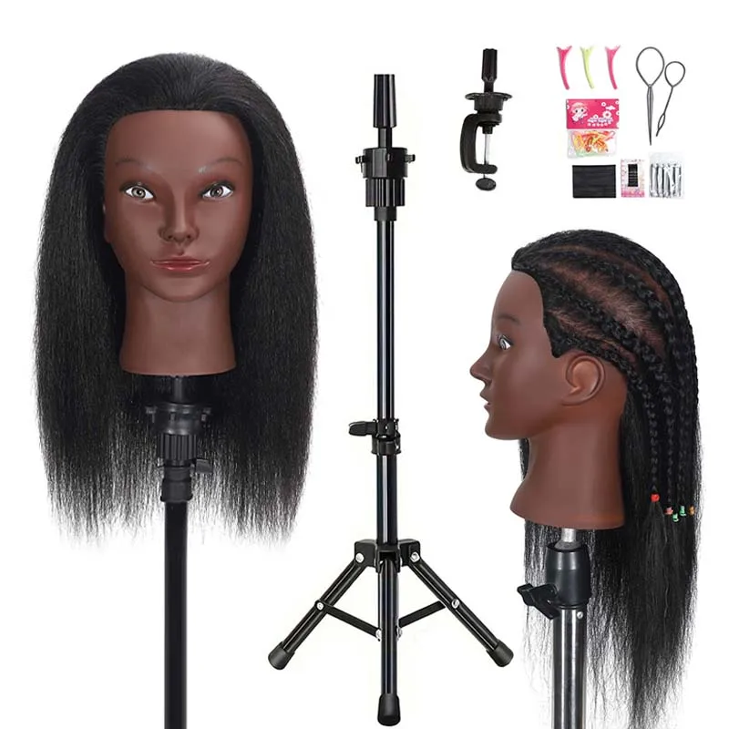 Mannequin Head 100% Human Hair 16inch Manikin Head Cosmetology Doll Head for Hairdresser Practice Braiding Hair Styling