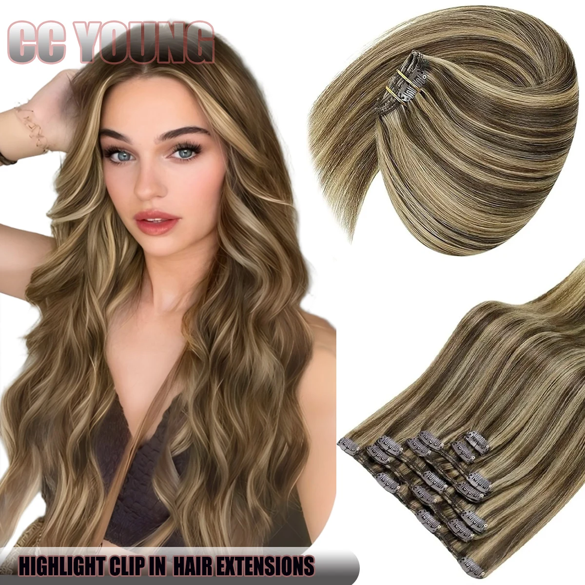 

Clip in Hair Extensions Real Human Hair Piano Color Brown&Golden Straight Remy Hair Extension for Adding Hair Length&Volume