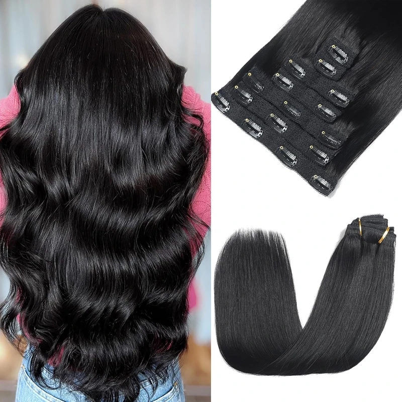 Clip in Hair Extensions Remy Human Hair Silky Straight Clip in Hair Extensions Human Hair Natural Black 120g 8 Piece Set #1B