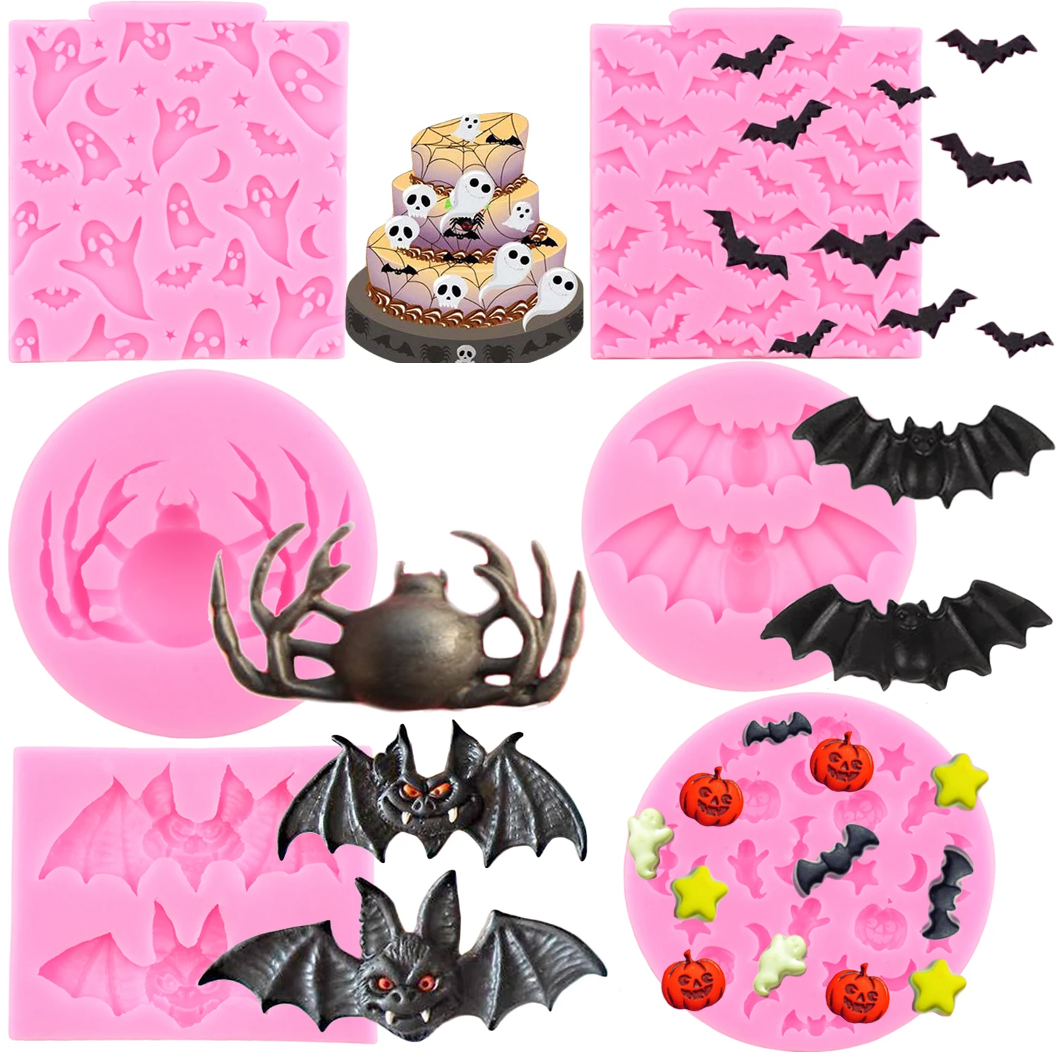 Halloween Bat Silicone Molds Spider Fondant Mold Ghost Pumpkin Cake Decorating Tools Cupcake Candy Clay Chocolate Gumpaste Mould