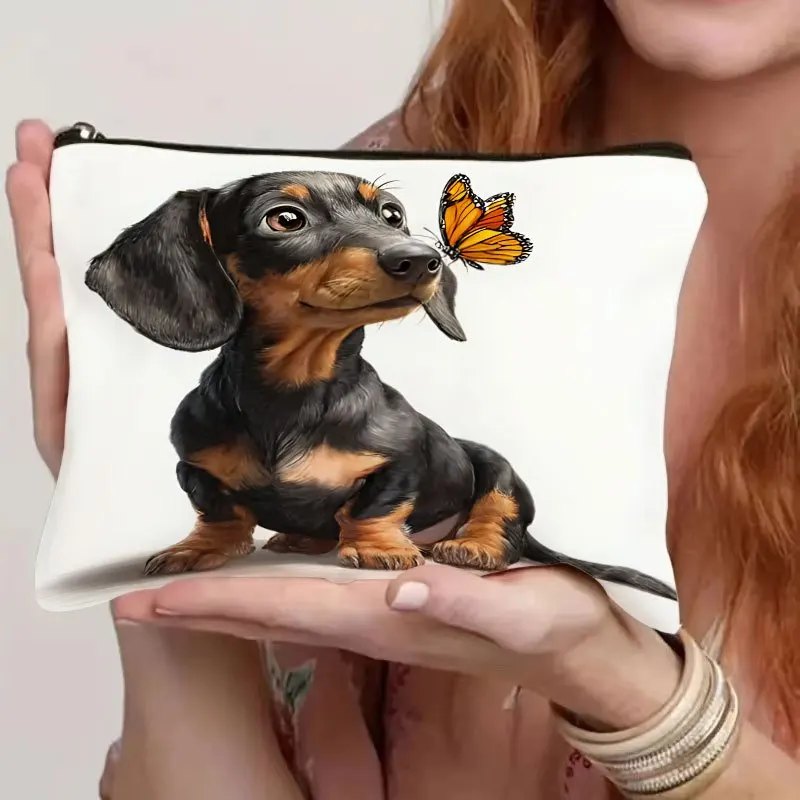 1Pc Cute Dachshund Dog Butterfly Retro Design Multifunctional Travel Makeup Bag, Snack Storage Bag, Stationery Storage Bag, Fashionable Toiletry Bag, Canvas Double-Sided Printed Zipper Pouch