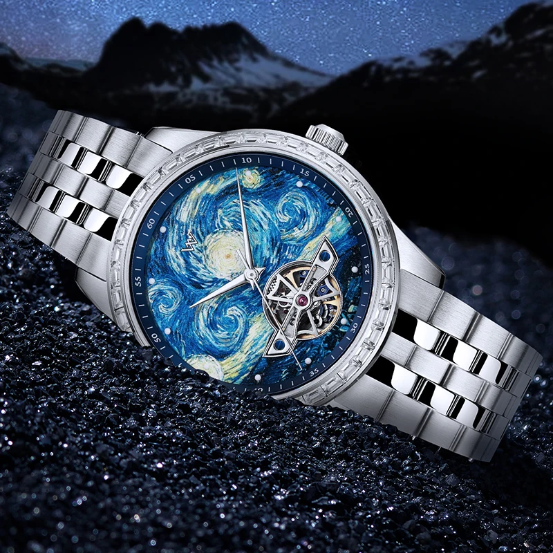 

WM Watch Automatic Mechanical Watches High Quality Men Casual Starry Night Oil Painting Series Skeleton Welly Merck Watch 146M