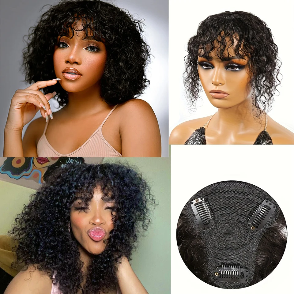 Water Wave Natural Black Topper Hair With Bangs Human Hair Toppers For Women with Thin Hair Clip In Hair Extensions Daily Use