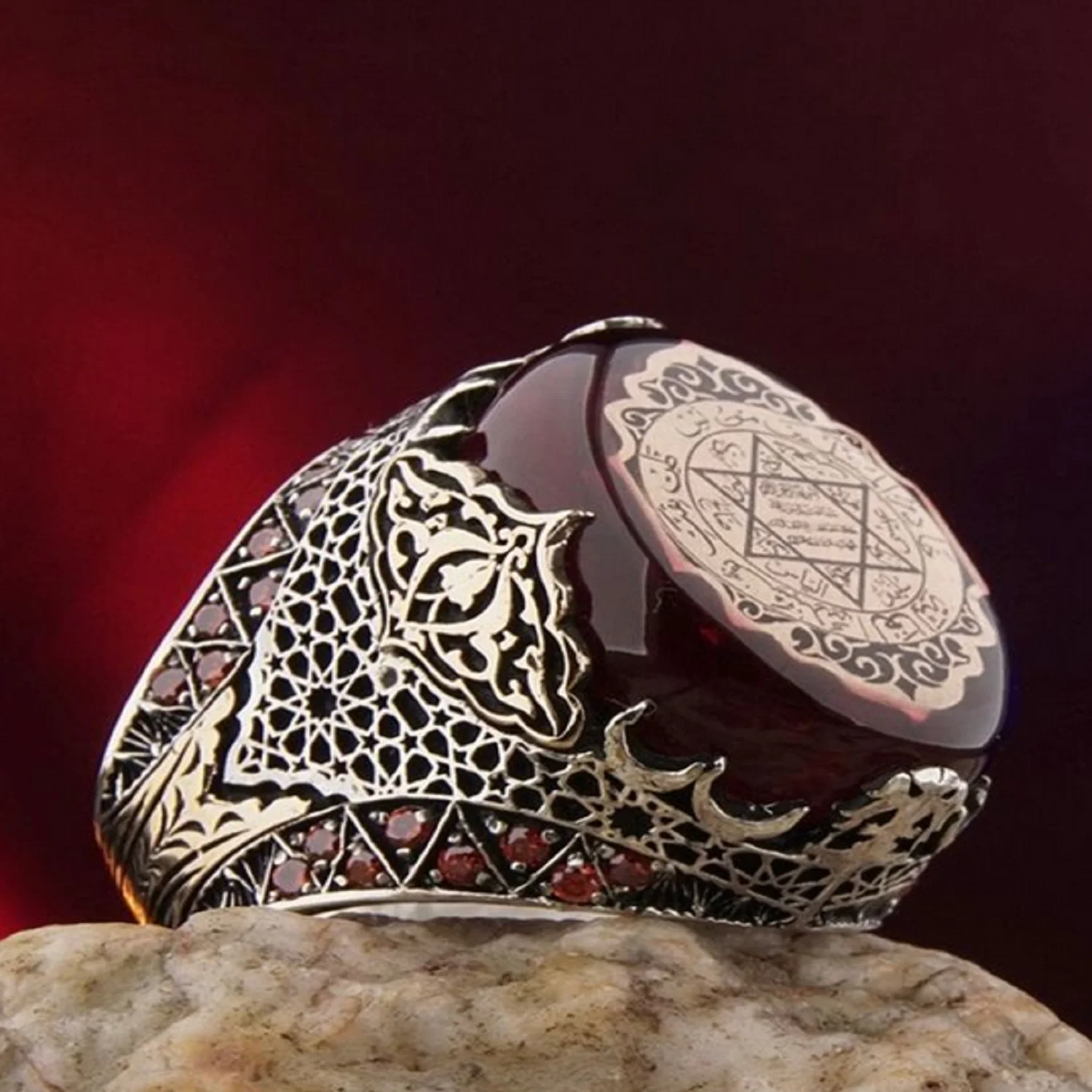 

Ottoman Fire Amber Red Men Silver Ring Solomon Seal Turkish Handmade 925 Sterling Silver Ring Free Shipping New Ring Talisman