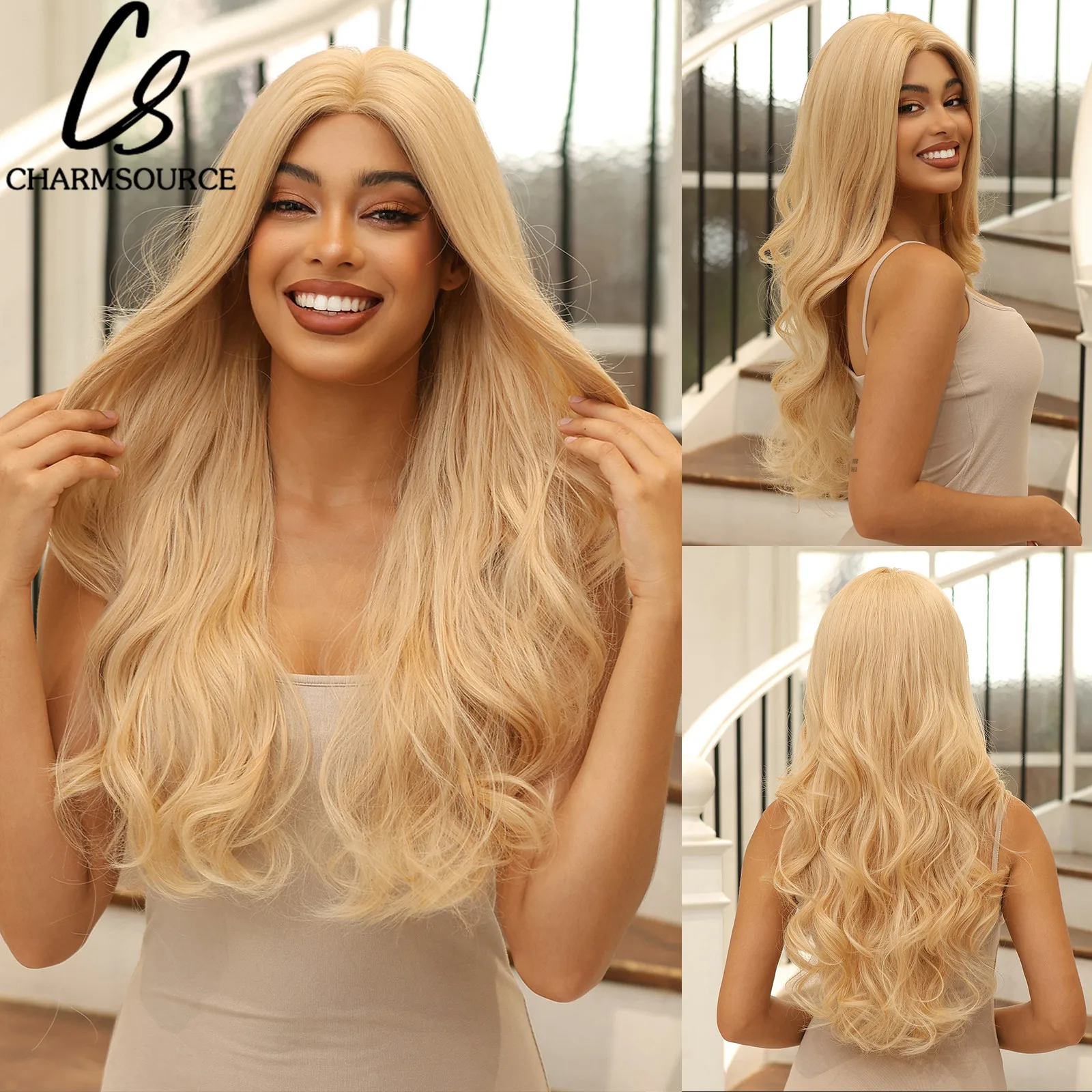 

CharmSource Blonde Golden Wig Hairline Lace Front Wigs Synthetic Long Wavy Ladies Women's Cosplay Free Shipping High Density