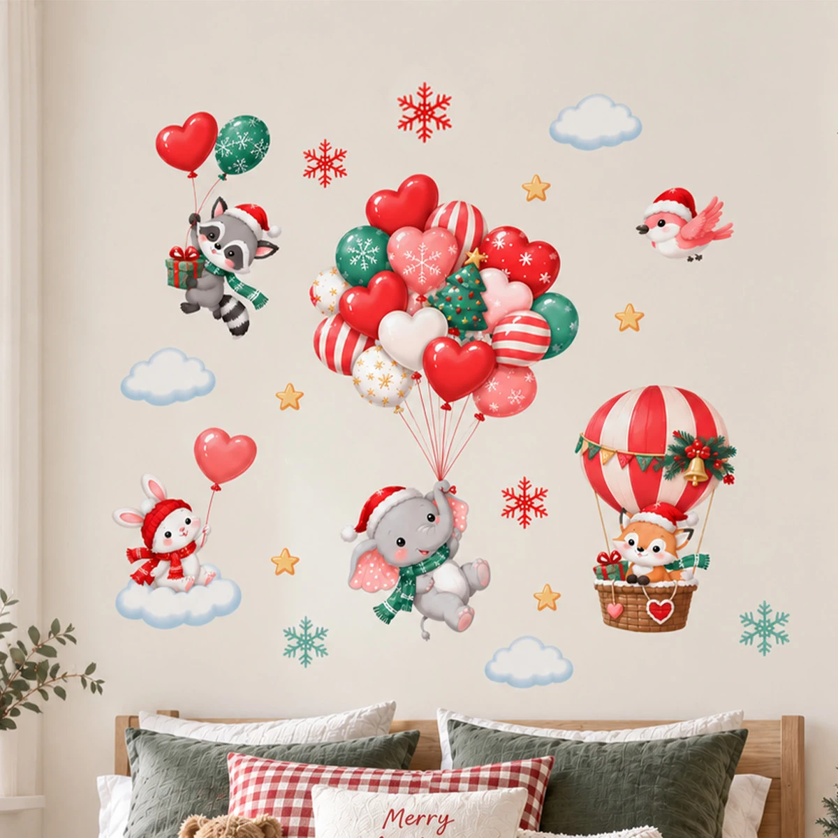 Christmas Animal Wall Stickers Balloon Raccoon Bunny Elephant Fox Self Adhesive Peel and Stick Holiday Decor