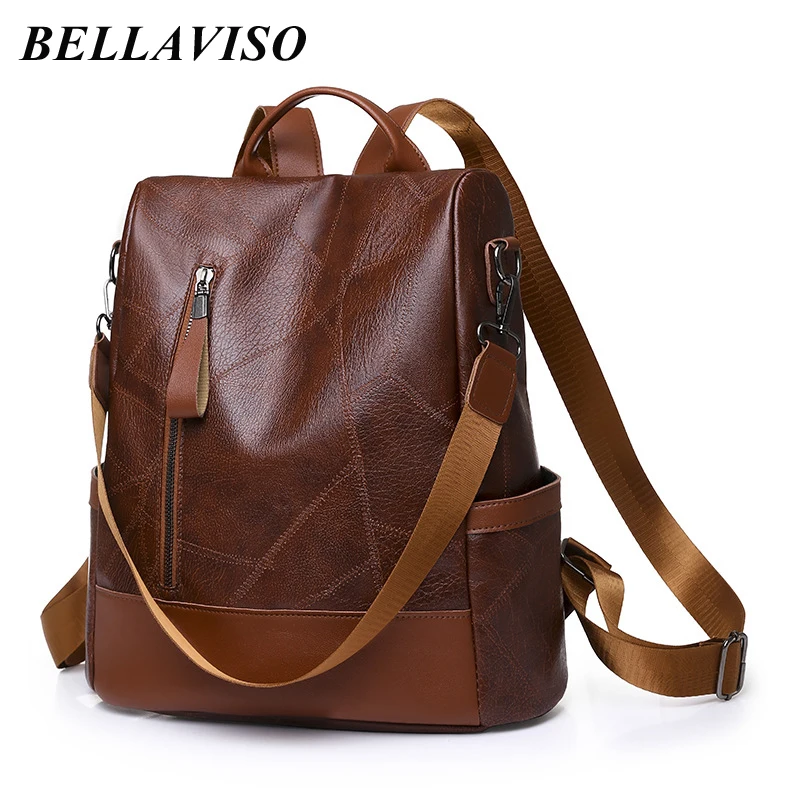 

BellaViso Retro Women's Backpacks Simple Large Capacity PU Leather Casual Female Anti Theft Travel Single Shoulder Bags BLBP-05