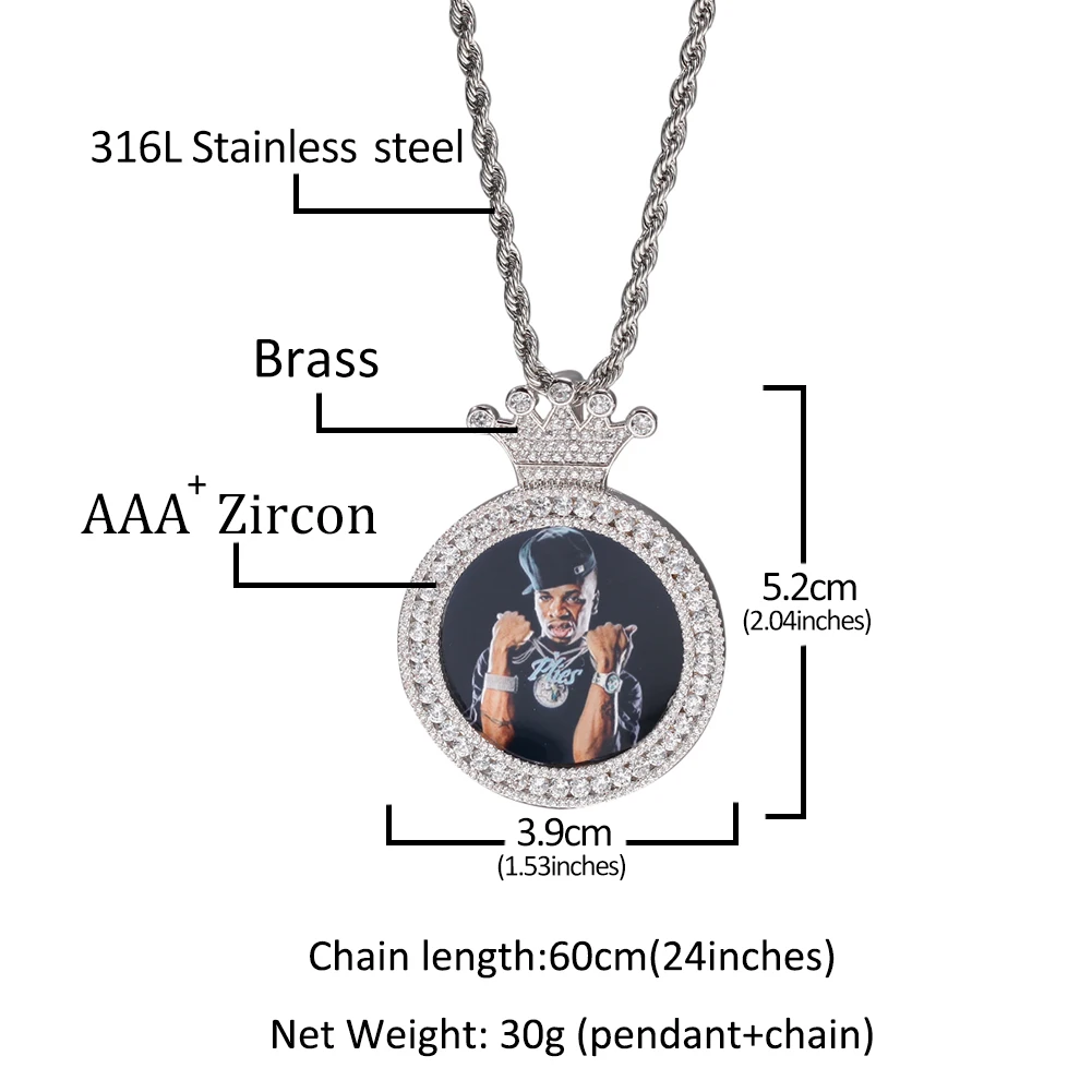 THE BLING KING Round Crown Heart Medallions Custom Photo Memory Pendant Engrave Name HipHop Jewlery Personalized Men Women Gifts