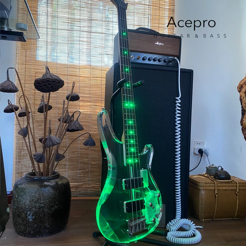 4 String Acrylic Body Electric Bass Guitar, Maple Neck, Rosewood Fingerboard, Green or Blue Leds, High Quality