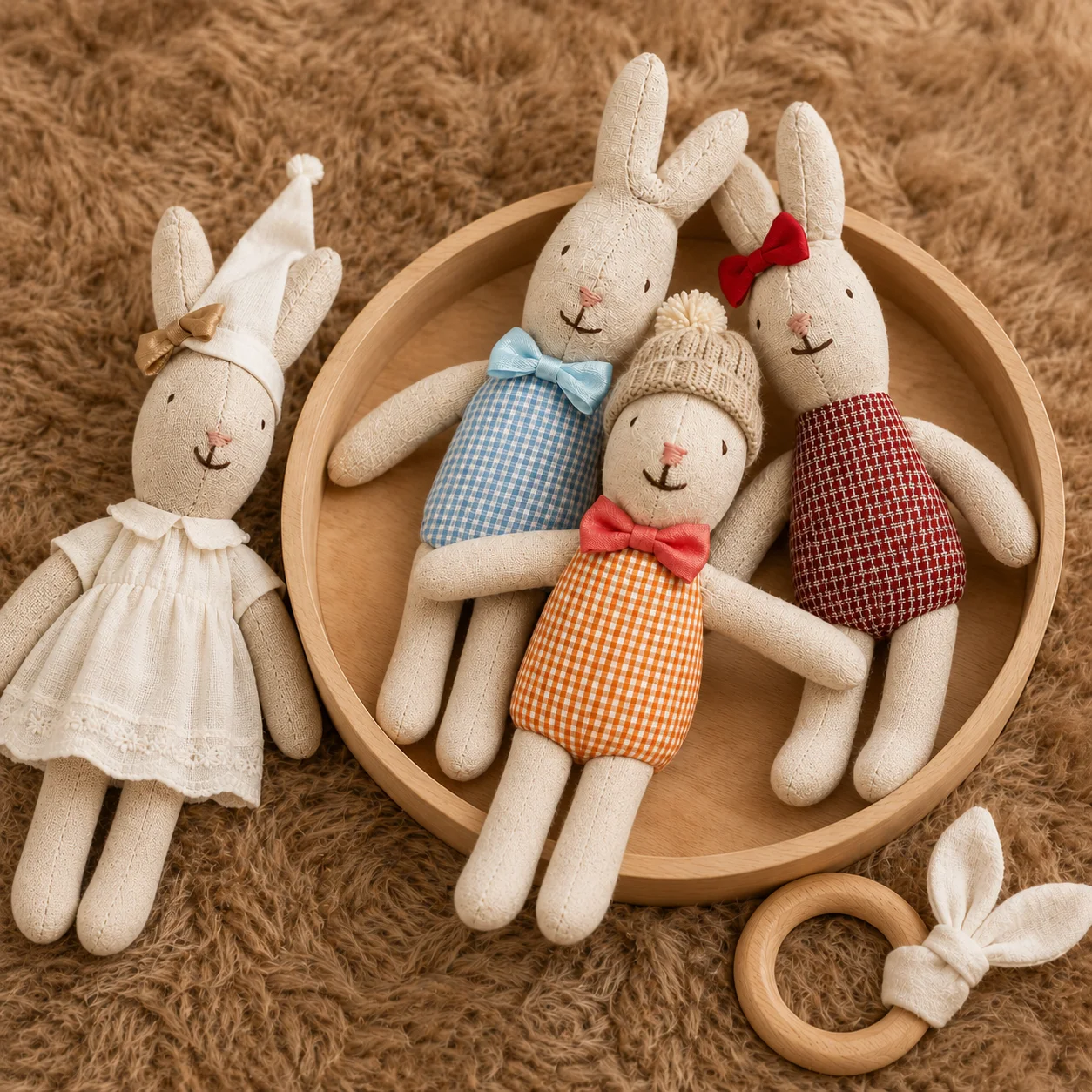 13cm Cute Linen Bunny Plush Doll 1PCS, Gingham Outfit Bow Tie Rabbit Stuffed Toy, Children’s Day Birthday Gift