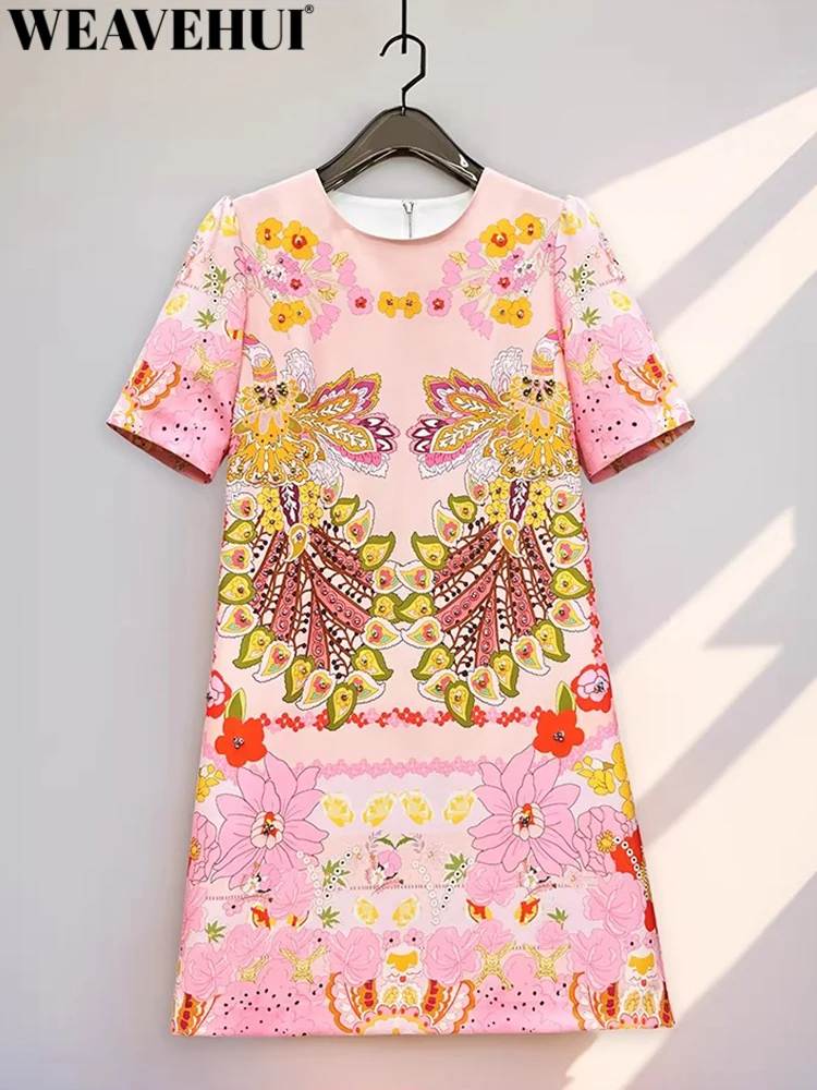 WEAVEHUI Damen-Minikleider mit O-Ausschnitt, kurzen Ärmeln, Print und Diamantenverzierung, klassischer Sommerstil, Premium-Feeling