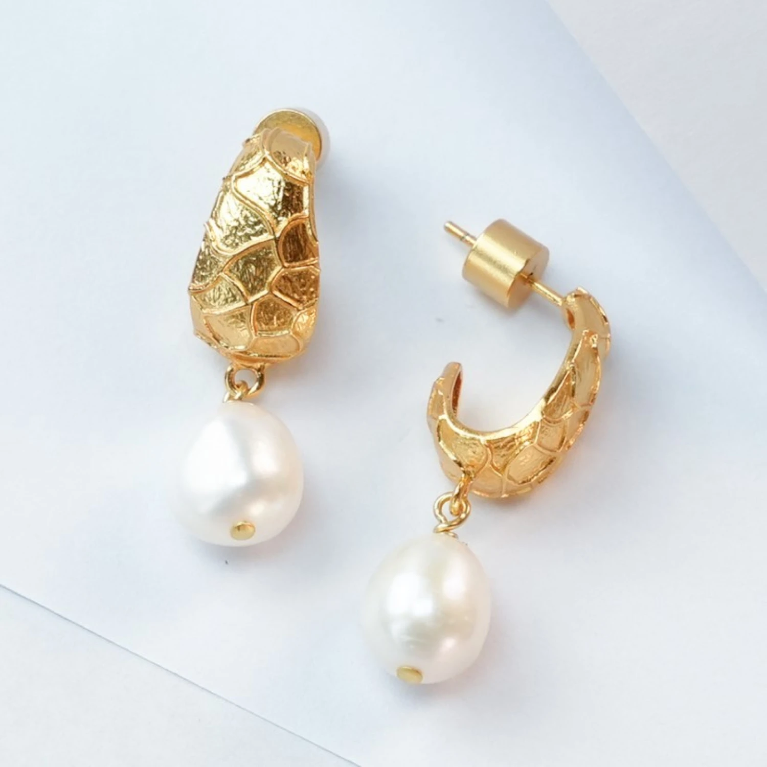 YAJUNIEL Natural Freshwater Pearl Dangle Earrings for Women 24K Real Gold Plated Textured Statement Earrings Jewelry Gift