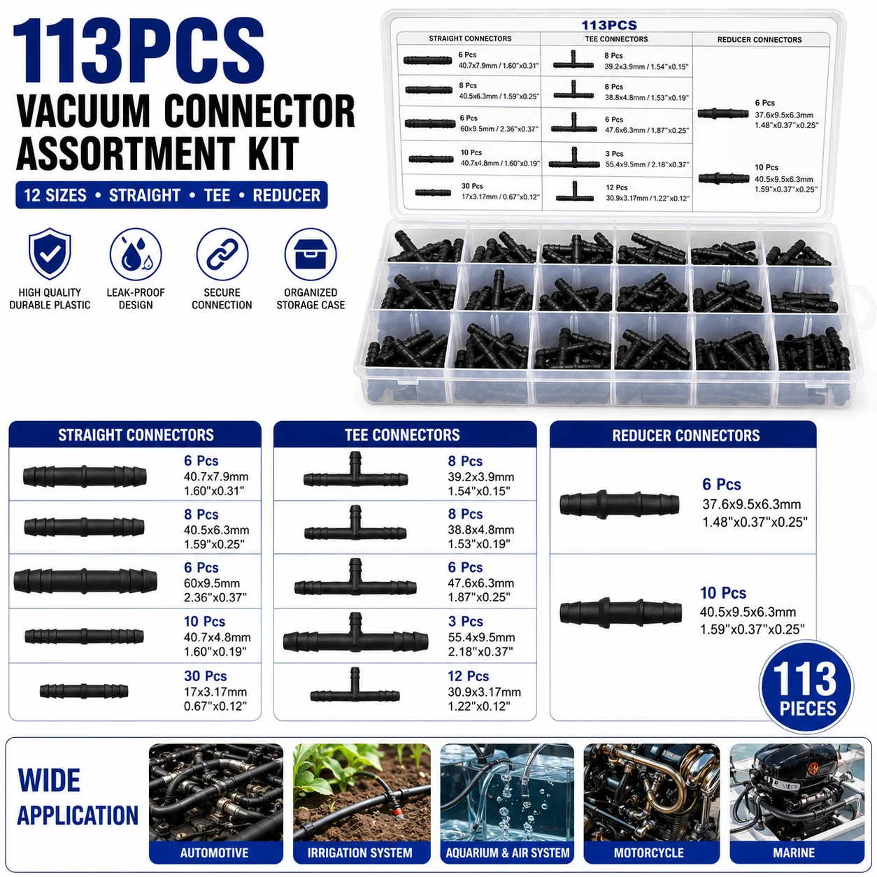 113PCS Vacuum Connector Assortment Kit 12 Sizes Straight Tee Reducer Hose Fittings For Automotive Vacuum Lines Irrigation Aquarium Air Systems