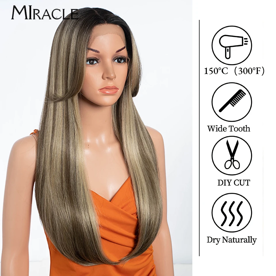 MIRACLE Synthetic Lace Front Wig for Women Straight Lace Wigs With Bangs Heat Resistant Blonde Cosplay Wigs Fiber Fake Hair