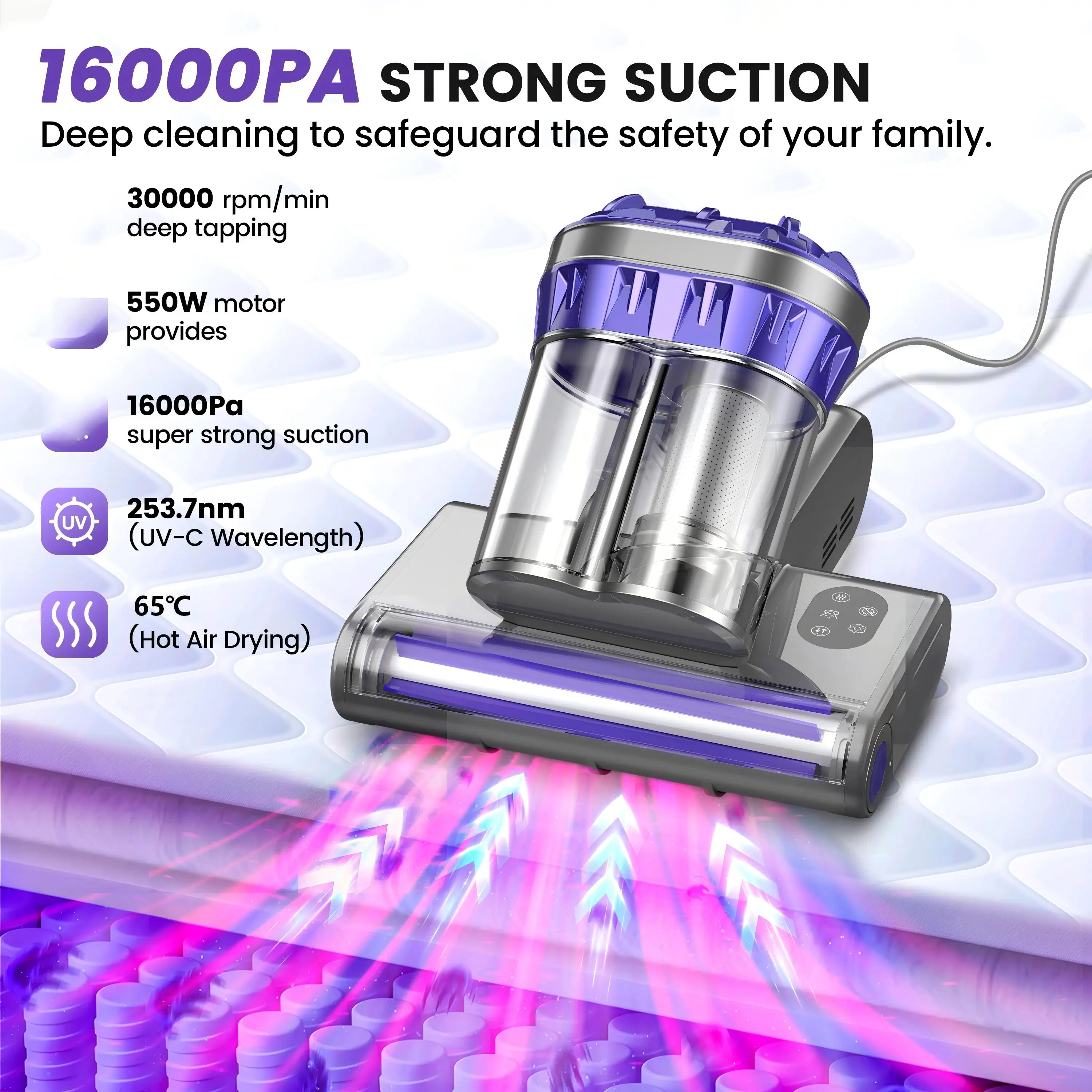 M1 Matratzen-Staubsauger, Handstaubsauger für Betten mit 16Kpa Saugkraft, 253,7nm UV-C Licht, 65 ℃   Heißluft, Doppelbecher