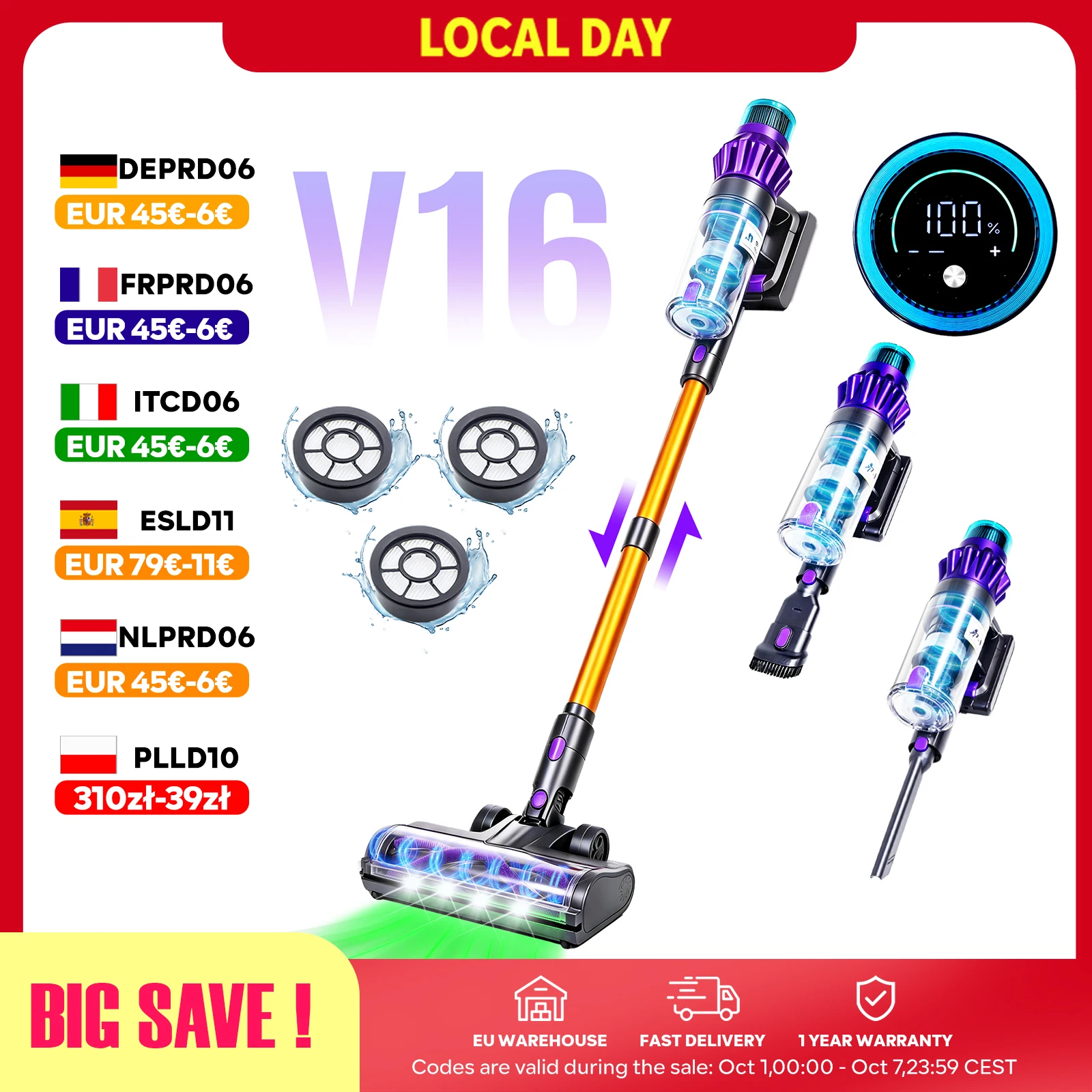 V16 Aspirapolvere senza filo, 500W 75Kpa 60min, Schermo tattile, Modalità automatica, Sensore di polvere a infrarossi, Filtrazione HEPA a 6 stadi, 60min Autonomia, Batteria rimovibile, Display LED per