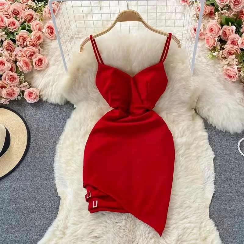 

Sexy Women Summer Dress Solid Spaghetti Irregular Hip Wrap Red Dress Backless V-neck New High Waist Slim Sleeveless Party Dress