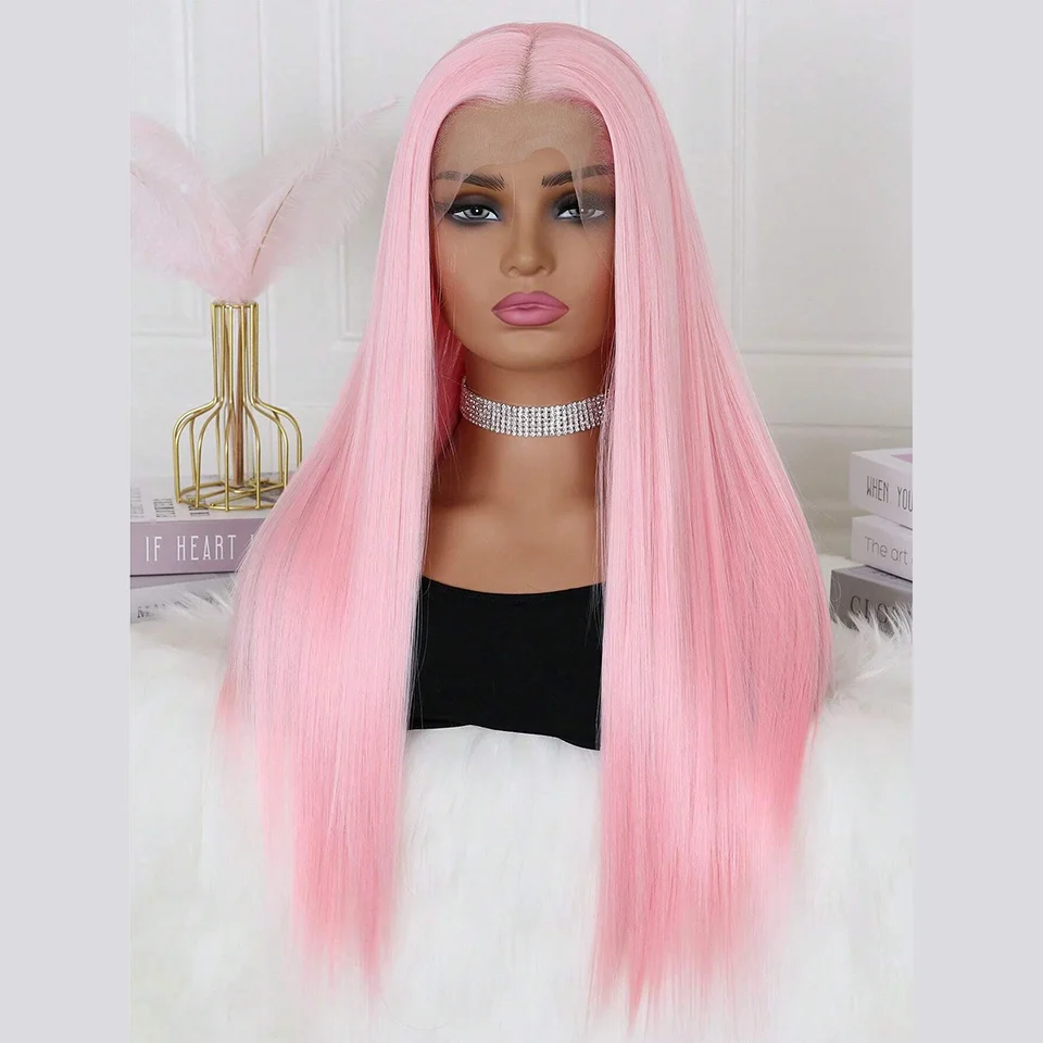 Pink Color Lace Front Wigs Long Straight Synthetic Pre Plucked Glueless Swiss Lace Frontal Wigs