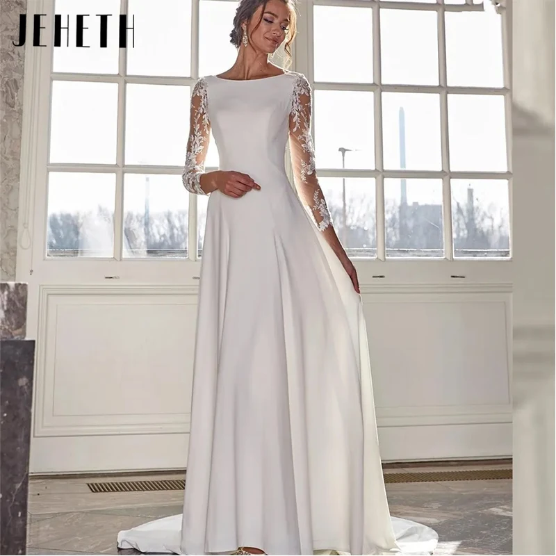 JEHETH Vintage Lace Long Sleeves Wedding Dress Women Satin A-Line Simple Bridal Gowns Scoop Neck Elegant Button Vestido De Novia