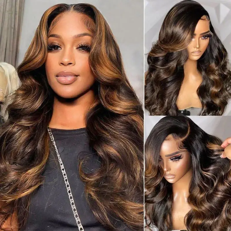 Lace Front Body Wave Peruca de Cabelo Humano para Mulheres, Destaque HD, Mel Loiro Perucas, Cor 13x4, 4/27