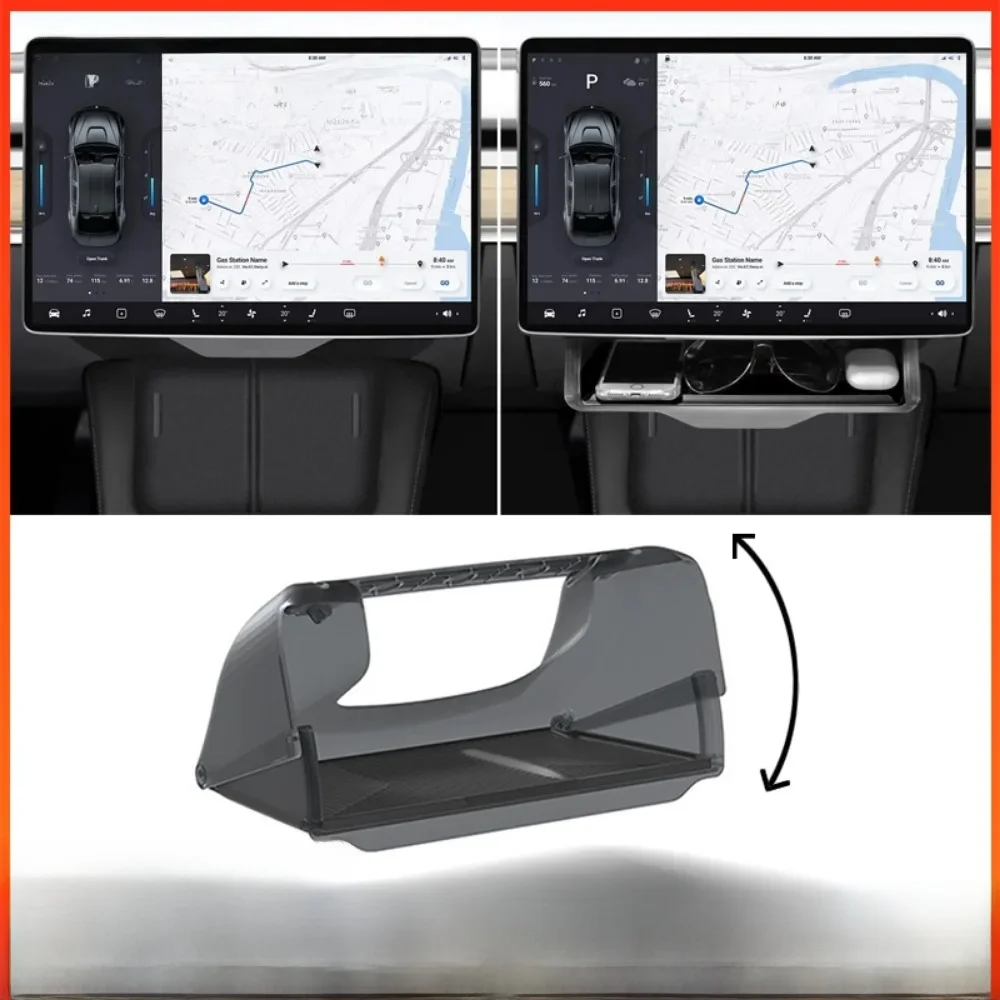 Ukrywane pudełko do przechowywania pod ekranem dla Tesla Model Y 3 2024 Highland Center Console Organizer Screen Box Tray z silikonową podkładką — zdjęcie 2