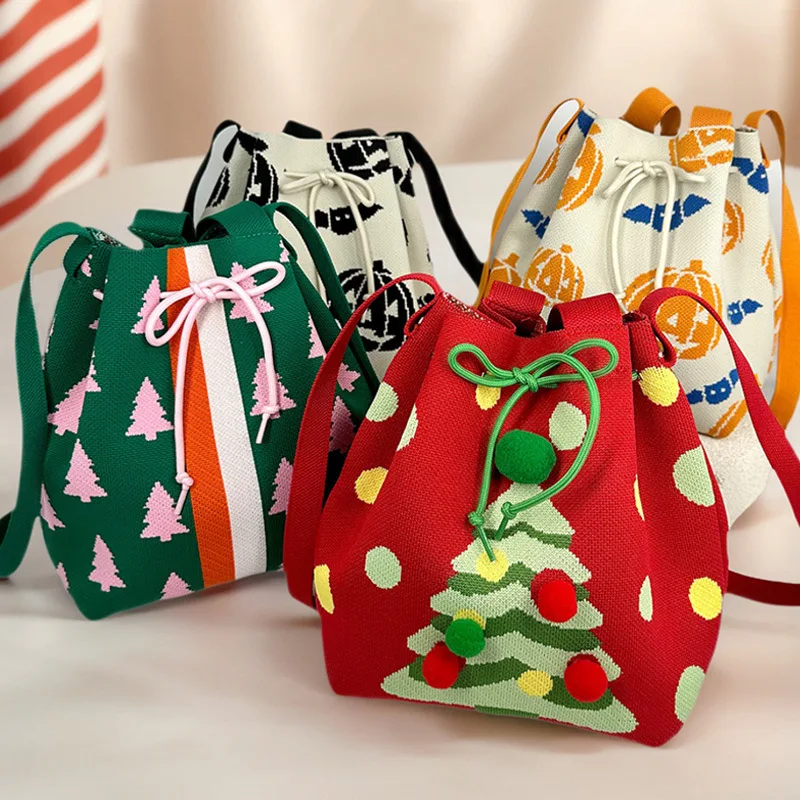Adorable and Practical Large-Capacity Knitted Handheld Bucket Bag with Drawstring Christmas and Halloween Gift