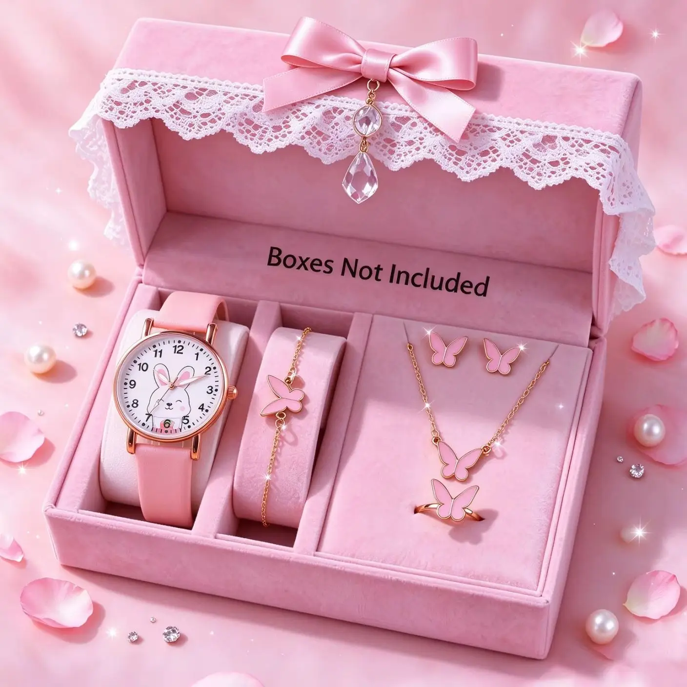6-Piece Set of New Cute Pink Children's Watch Set with Rabbit Cartoon Pattern Decoration and Butterfly Series Accessories, Suitable for Daily Wear, Exquisite Birthday Gift