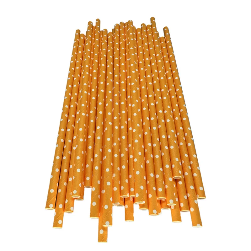 100pcs reusable paper straws orange&white dots disposable non-soggy bulk cocktail smoothies drinkware for party supplies 6mm