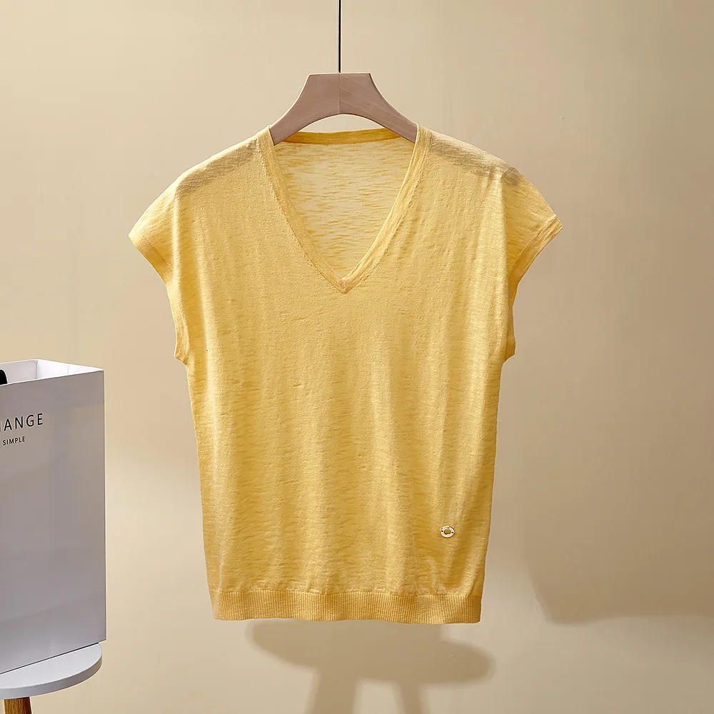 Gilet tricoté en lin pour femmes, nouveau haut d'été, col en v, ample et élégant