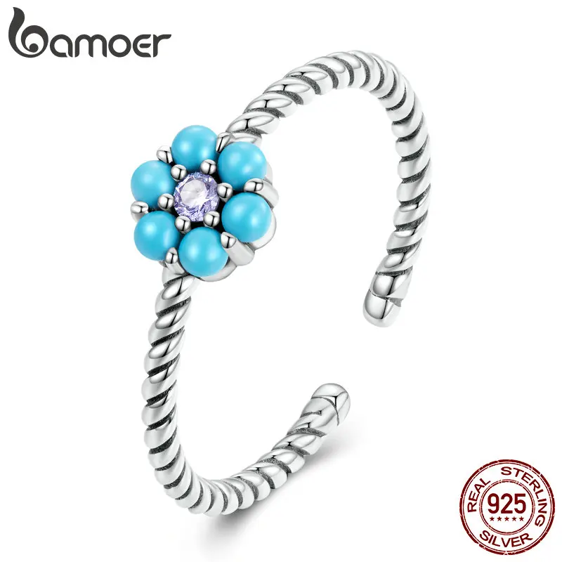 Bamoer 925 Sterling Silver Open Size Turquoise Round Bead Ring for Women Stackable Bead Fashion Girl Anillos Fine Jewelry Gifts