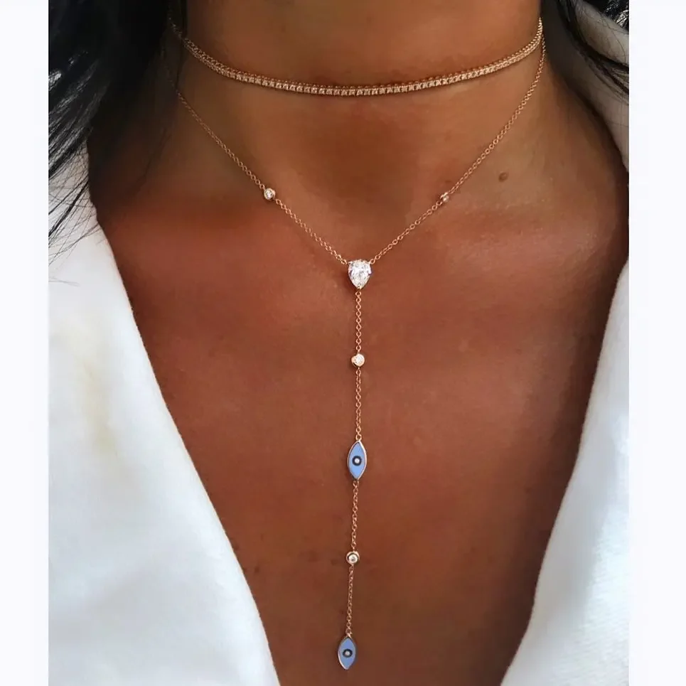 Emaille-Halskette mit bösem Blick, niedliches schönes Auge, weiße CZ-Gliederkette, langes Y-Lariat, sexy Halsketten für Frauen, Schmuck