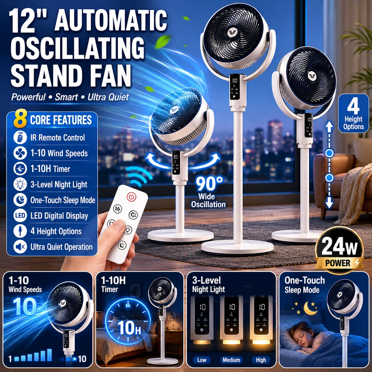 Ventilateur sur pied 12V F3, 10 vitesses, réglage de la vitesse du vent à 90° °   Ventilateur oscillant avec écran LED numérique, télécommande, minuterie 10H, 4 niveaux de hauteur, veilleuse, mode